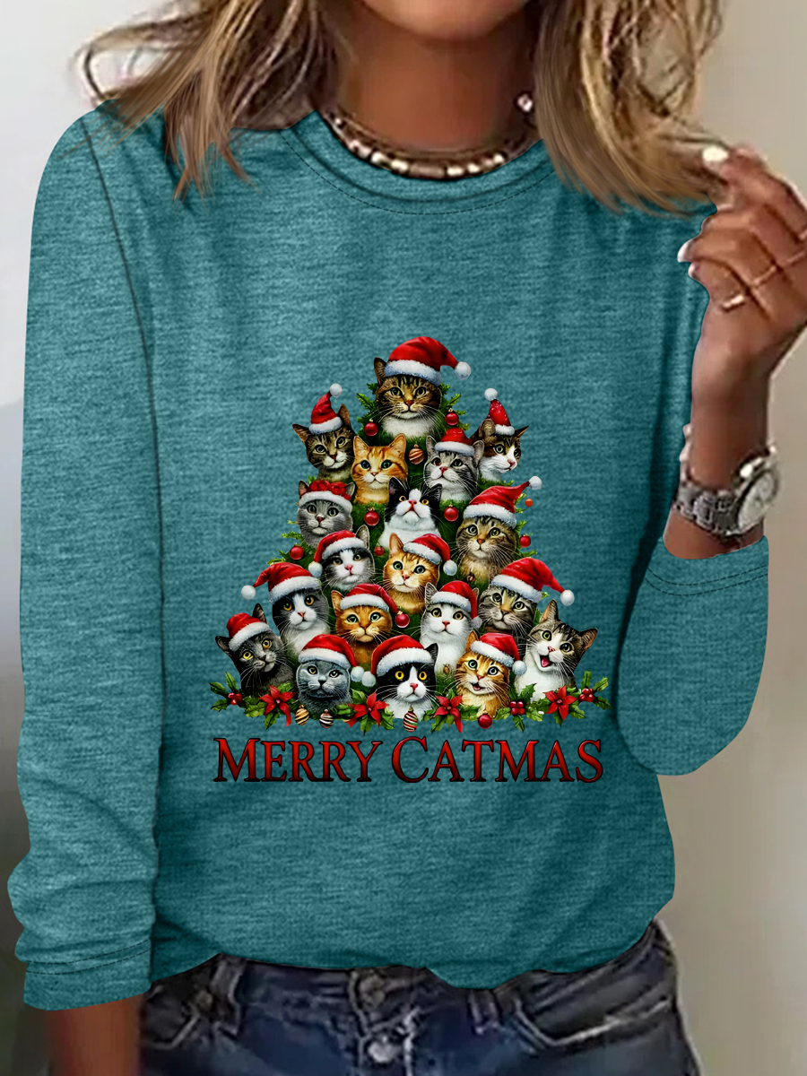 Rundhals Langarm Weihnachten Regelmäßig Mittlere Elastizität Weit Bluse für Damen