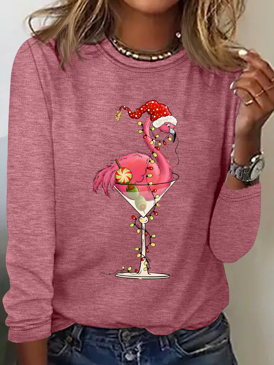 Rundhals Langarm Flamingo Regelmäßig Mittlere Elastizität Weit Bluse für Damen