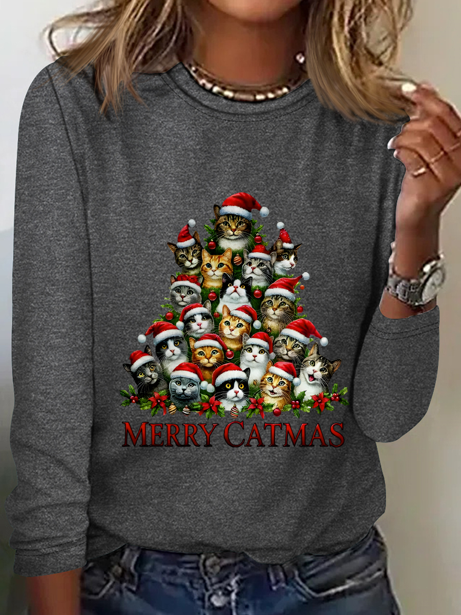 Rundhals Langarm Weihnachten Regelmäßig Mittlere Elastizität Weit Bluse für Damen