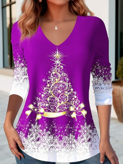 V-Ausschnitt Langarm Weihnachten Warmbohren Regelmäßig Mikroelastizität Weit Bluse für Damen