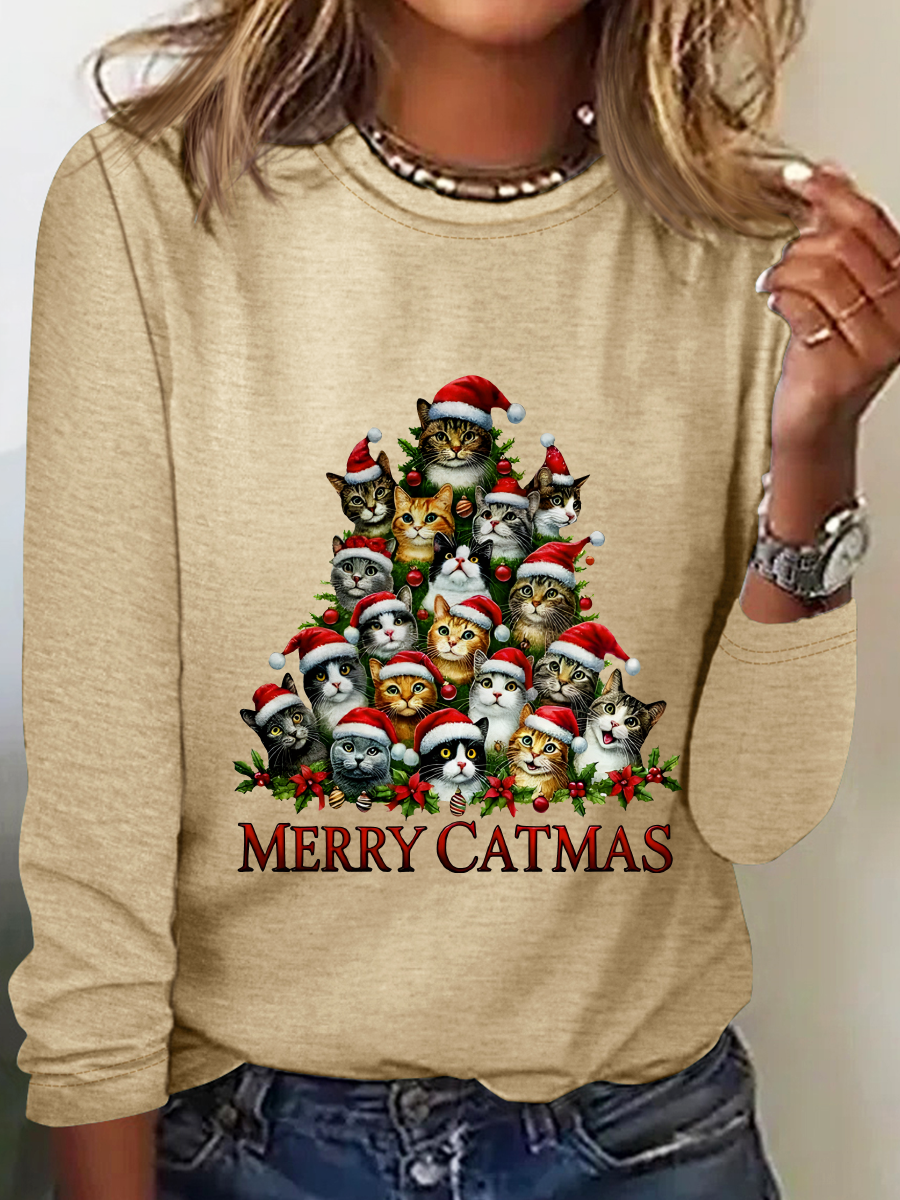 Rundhals Langarm Weihnachten Regelmäßig Mittlere Elastizität Weit Bluse für Damen