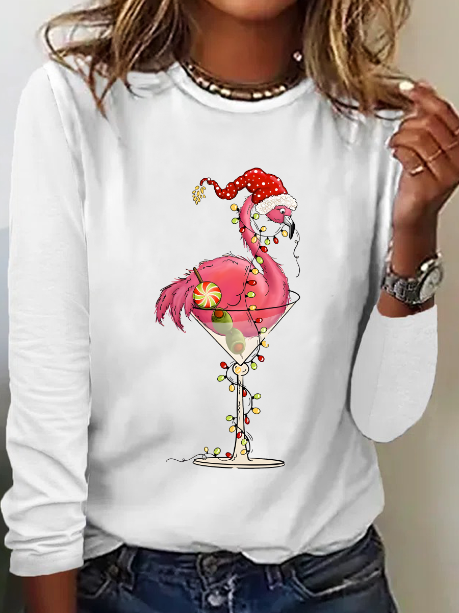 Rundhals Langarm Flamingo Regelmäßig Mittlere Elastizität Weit Bluse für Damen