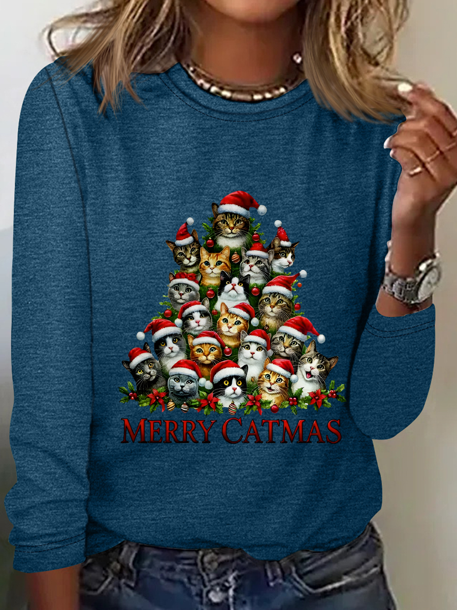 Rundhals Langarm Weihnachten Regelmäßig Mittlere Elastizität Weit Bluse für Damen