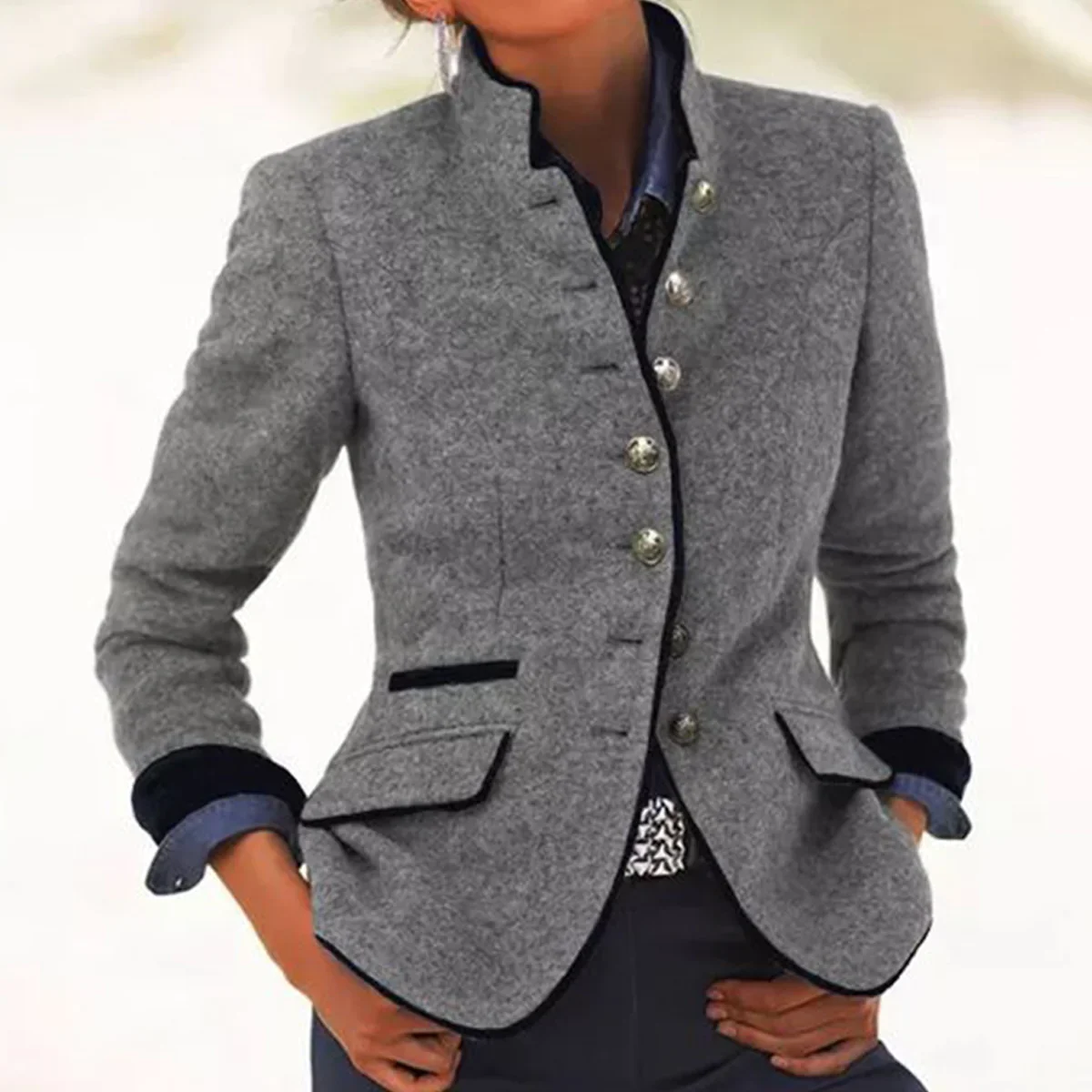 Damen Frühling/Herbst Oberbekleidung Retro Unifarben Langarm Mock Neck Jacke