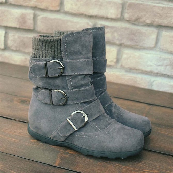 Retro Unifarben Reißverschluss Flach Klassische Stiefel