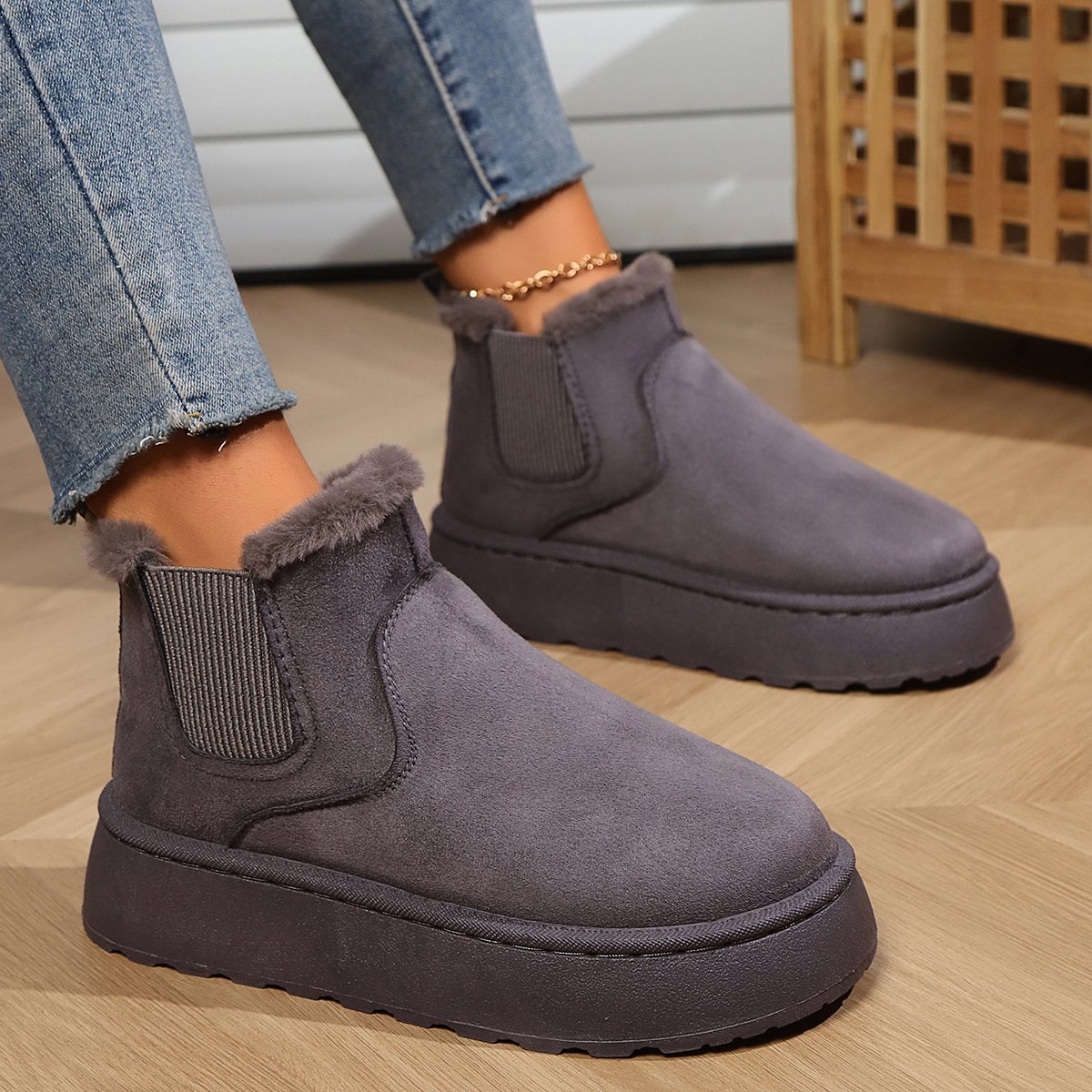 Lässig Unifarben Slip On Blockabsatz Schneestiefel