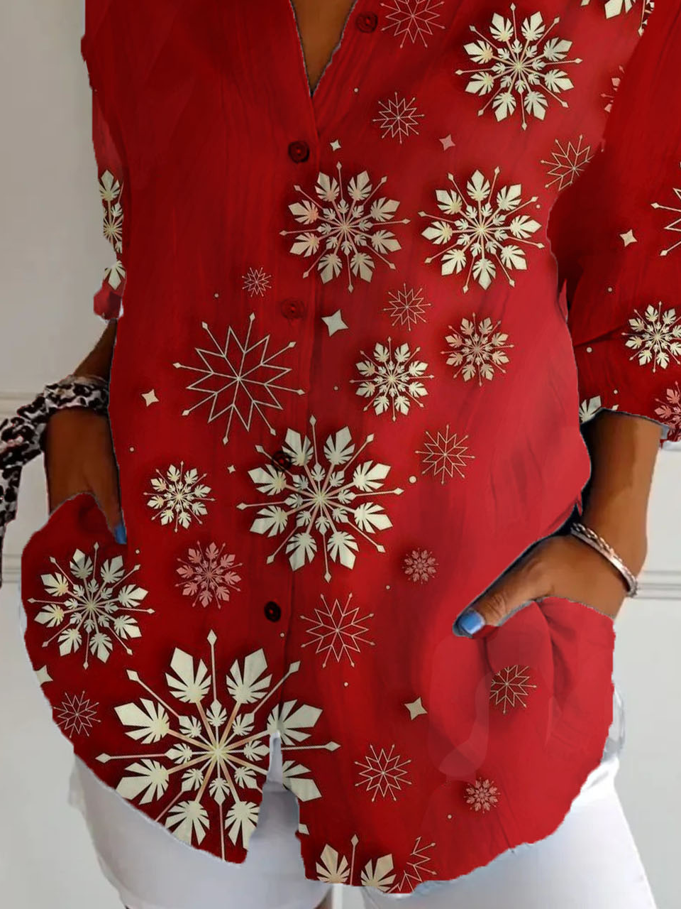 Hemdkragen Langarm Weihnachten Regelmäßig Weit Bluse für Damen