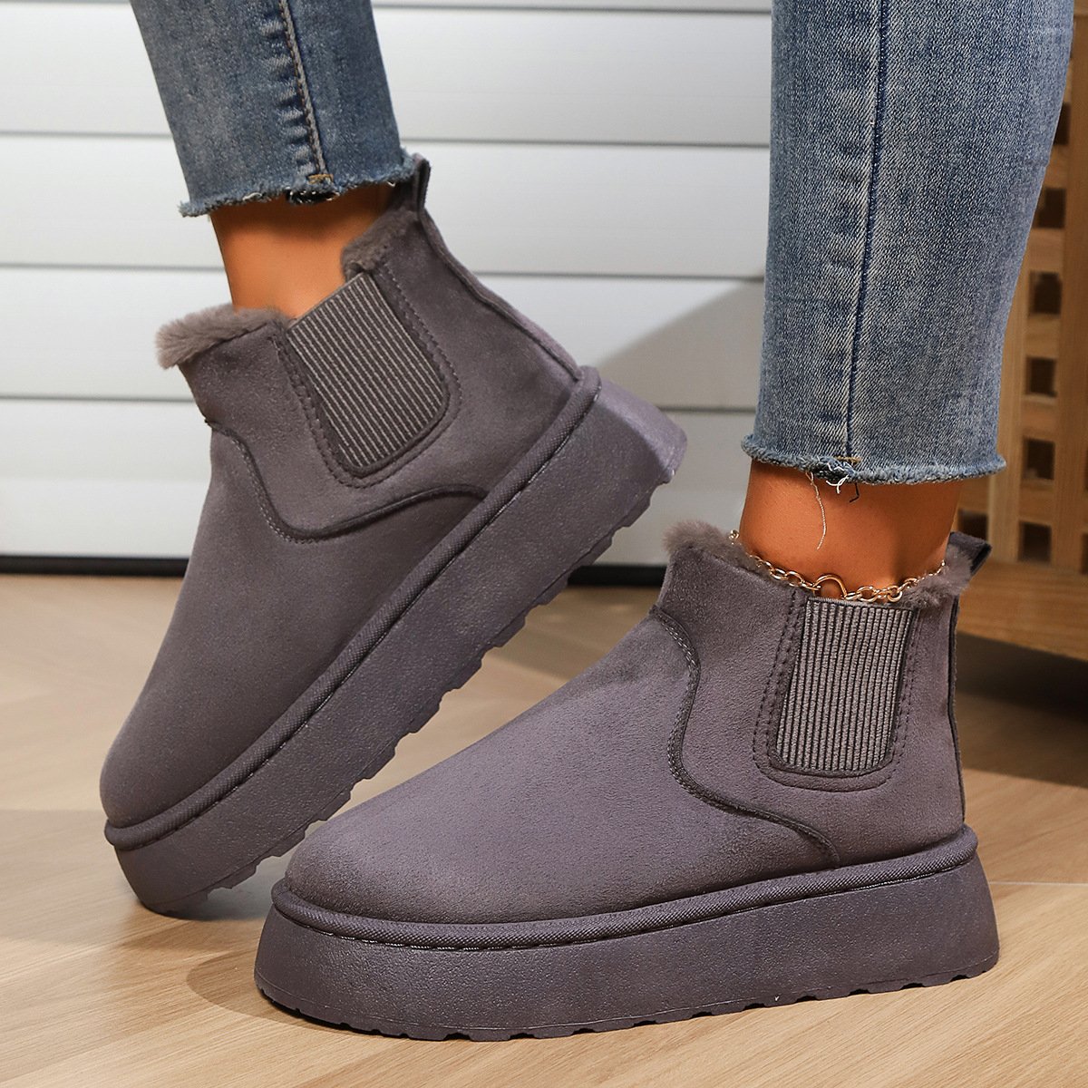 Lässig Unifarben Slip On Blockabsatz Schneestiefel