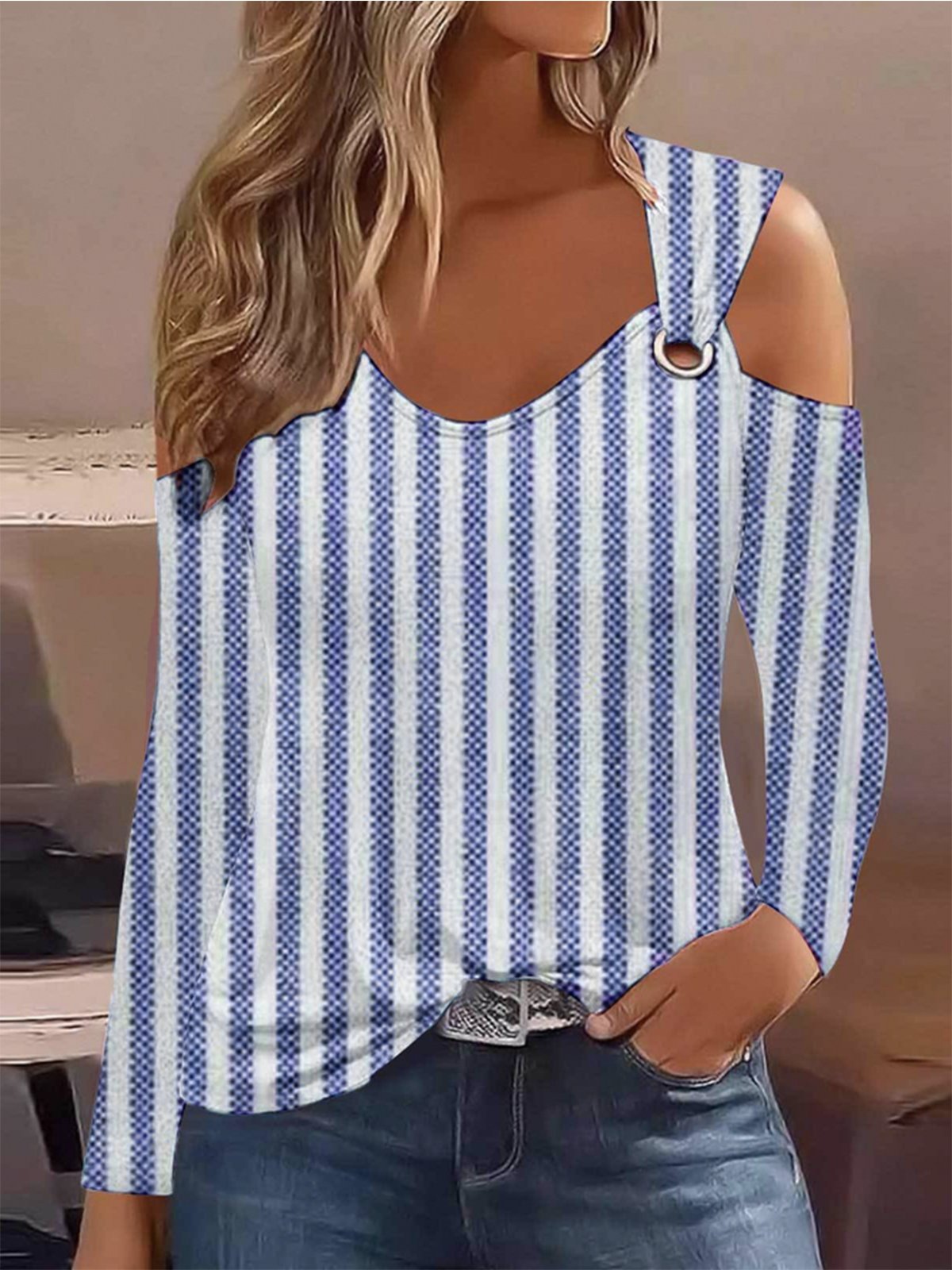 Lässig Gestreift Rundhals Langarm T-Shirt