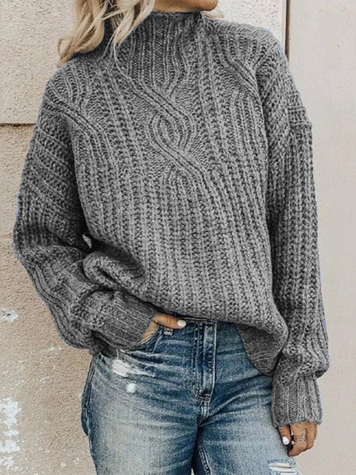 Damen Unifarben Langarm Bequem Lässig Pullover