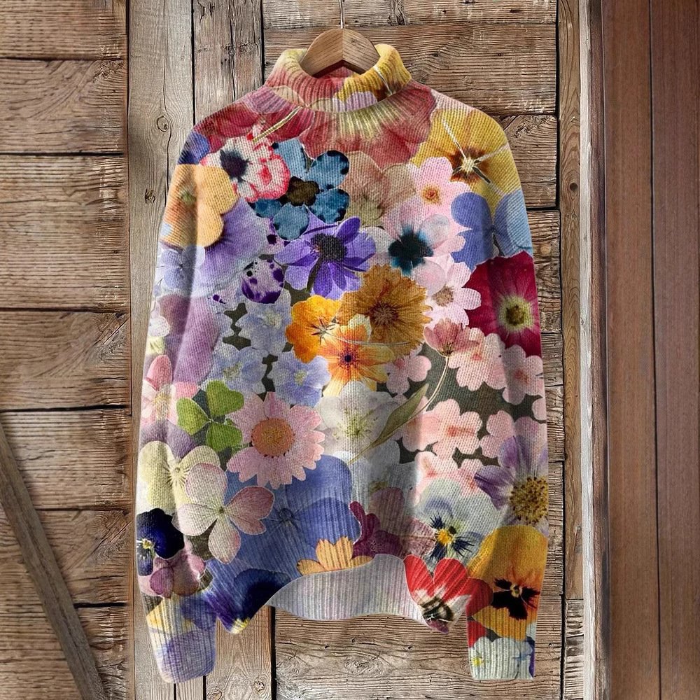 Lässig Rollkragen Geblümt Sweatshirt