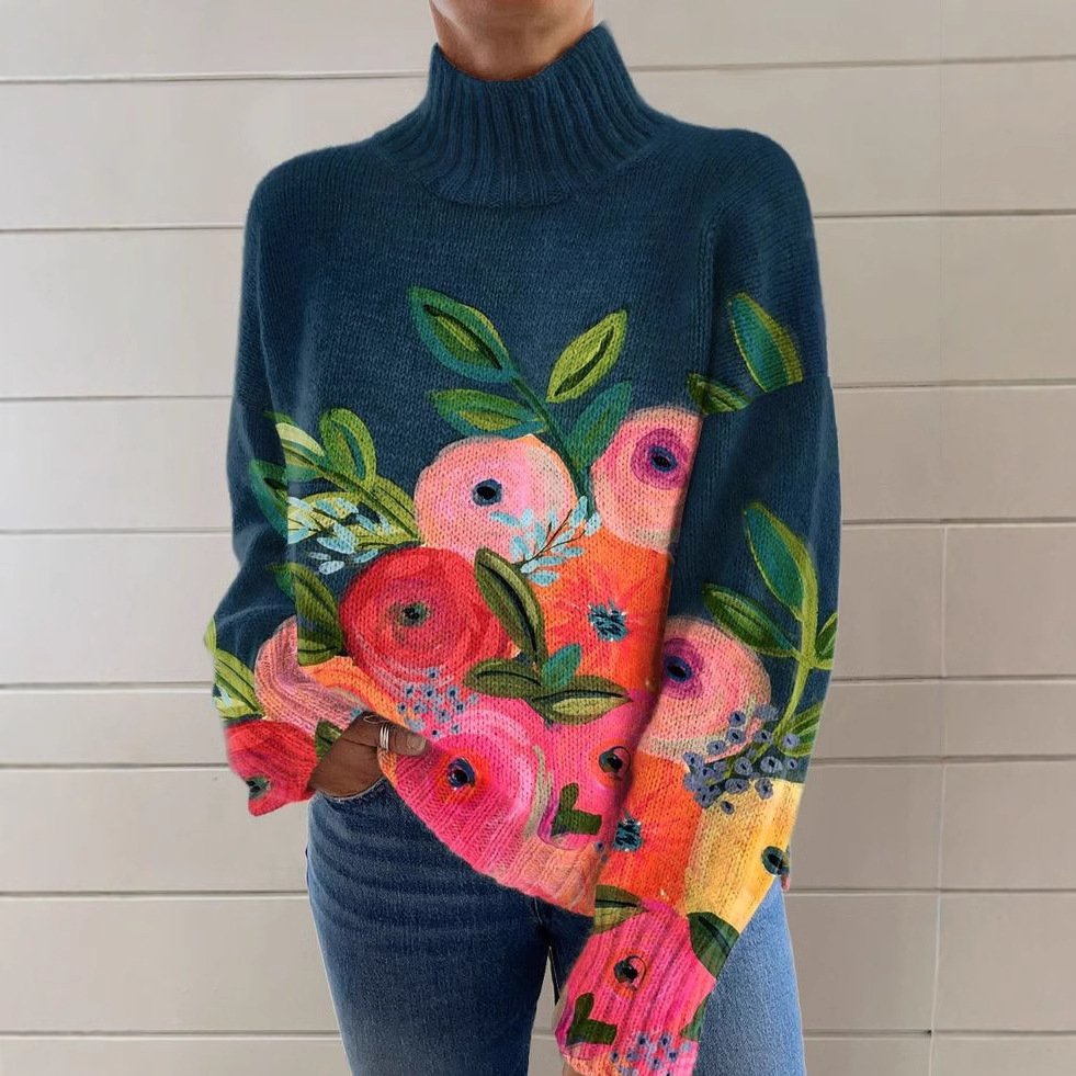 Lässig Rollkragen Geblümt Sweatshirt