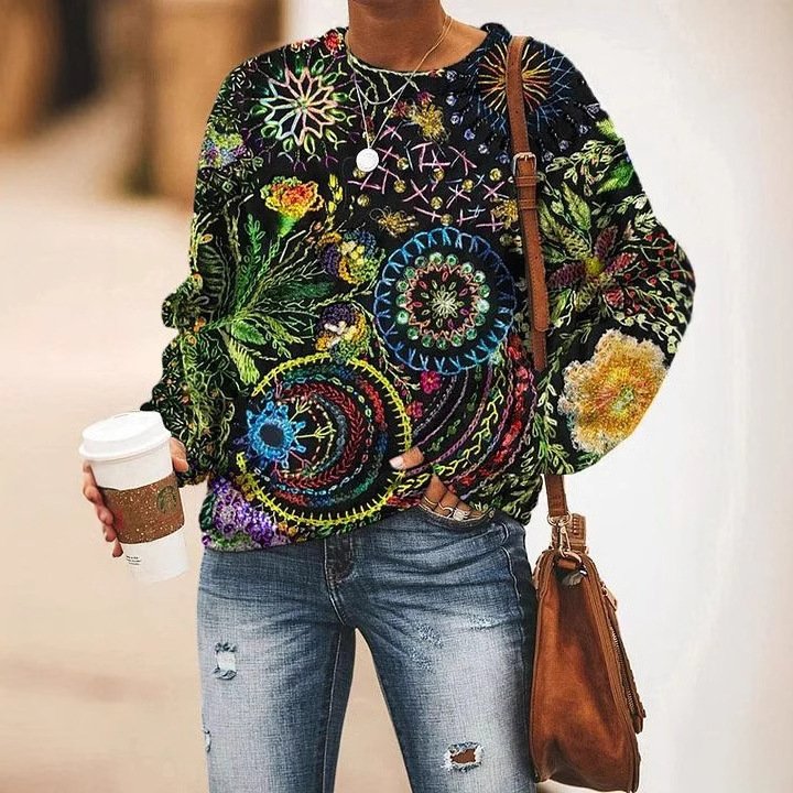 Lässig Rundhals Ethnisch Sweatshirt