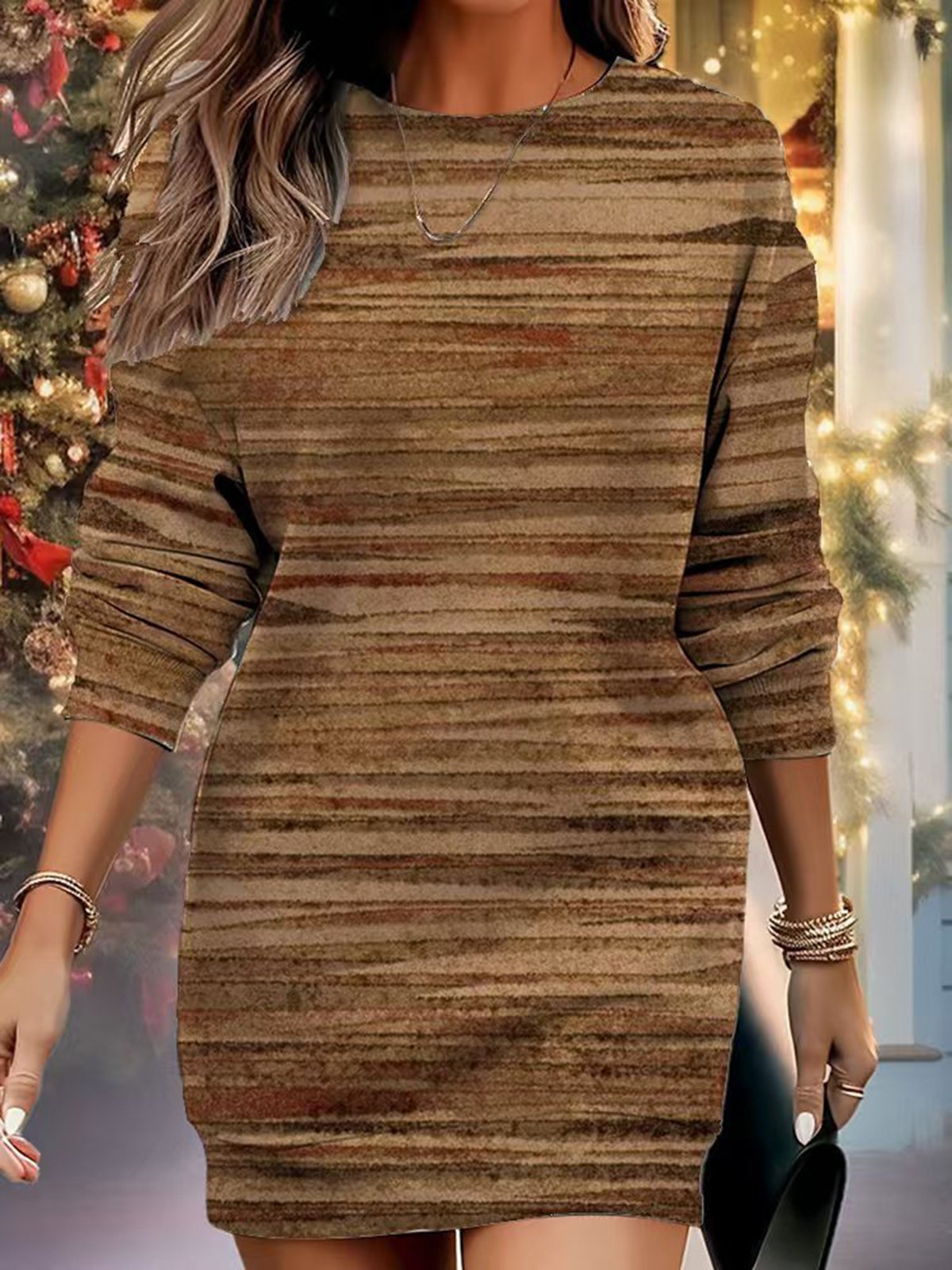 Damen abstrakte Streifen Frühling/Herbst Kleid V-Ausschnitt Langarm A-Linien-Kleid