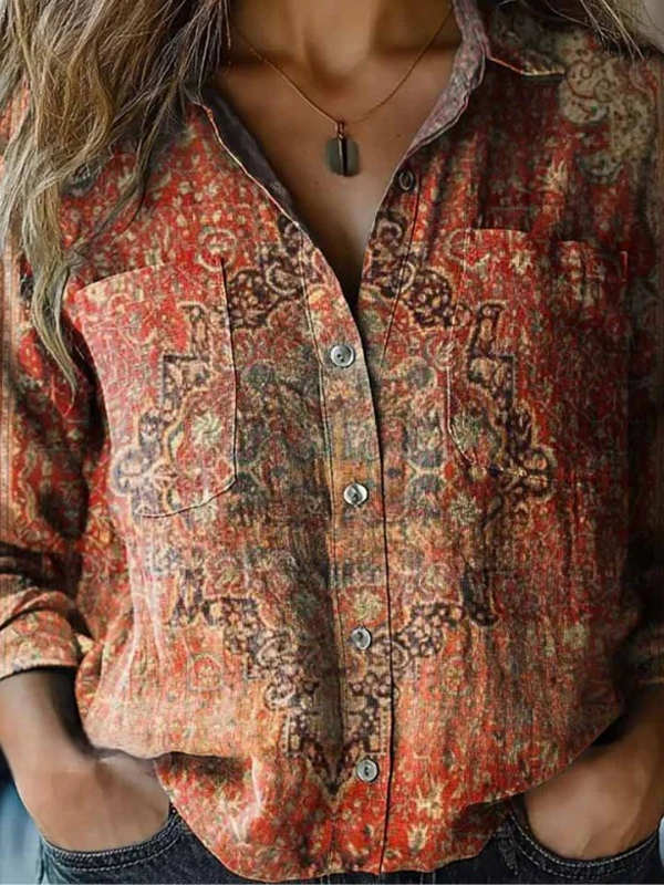 Schalkragen Langarm Ethnisch Knöpfe Regelmäßig Mikroelastizität Weit Bluse für Damen