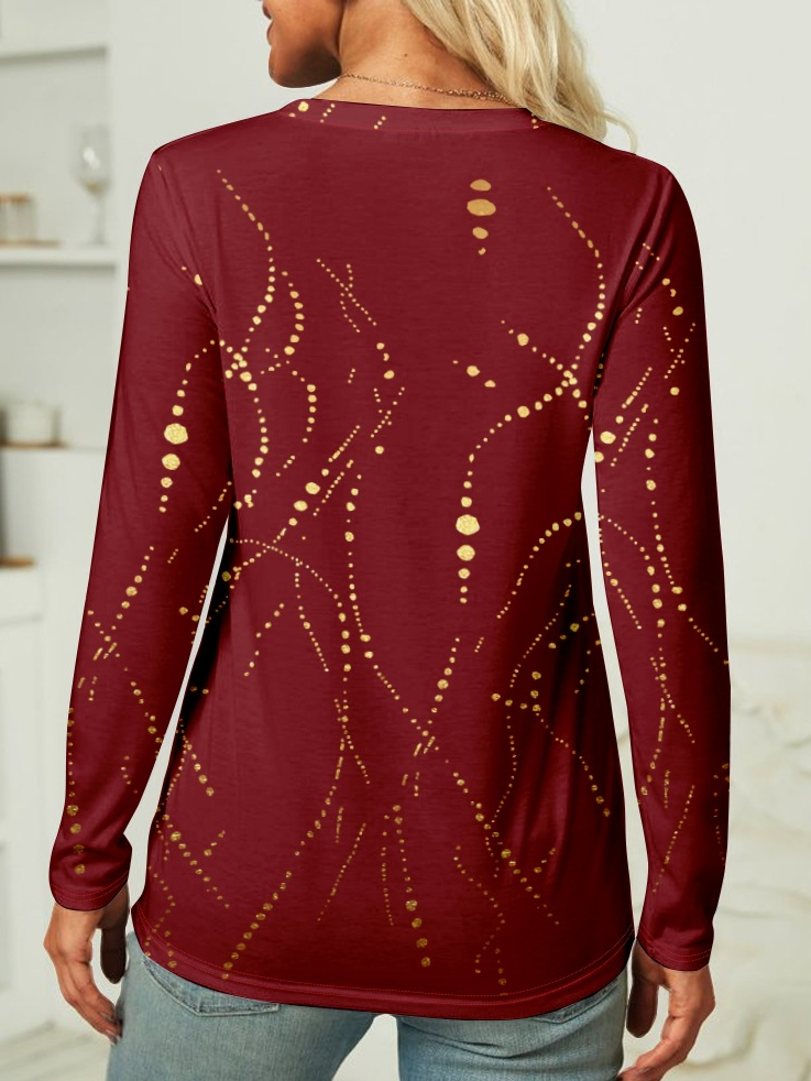 Rundhals Langarm 3d Drucken Regelmäßig Mikroelastizität Regelmäßige Passform Bluse für Damen
