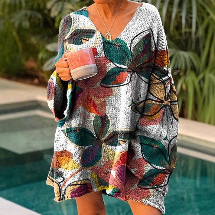 Lässig V-Ausschnitt Geblümt Sweatshirt Reißverschluss