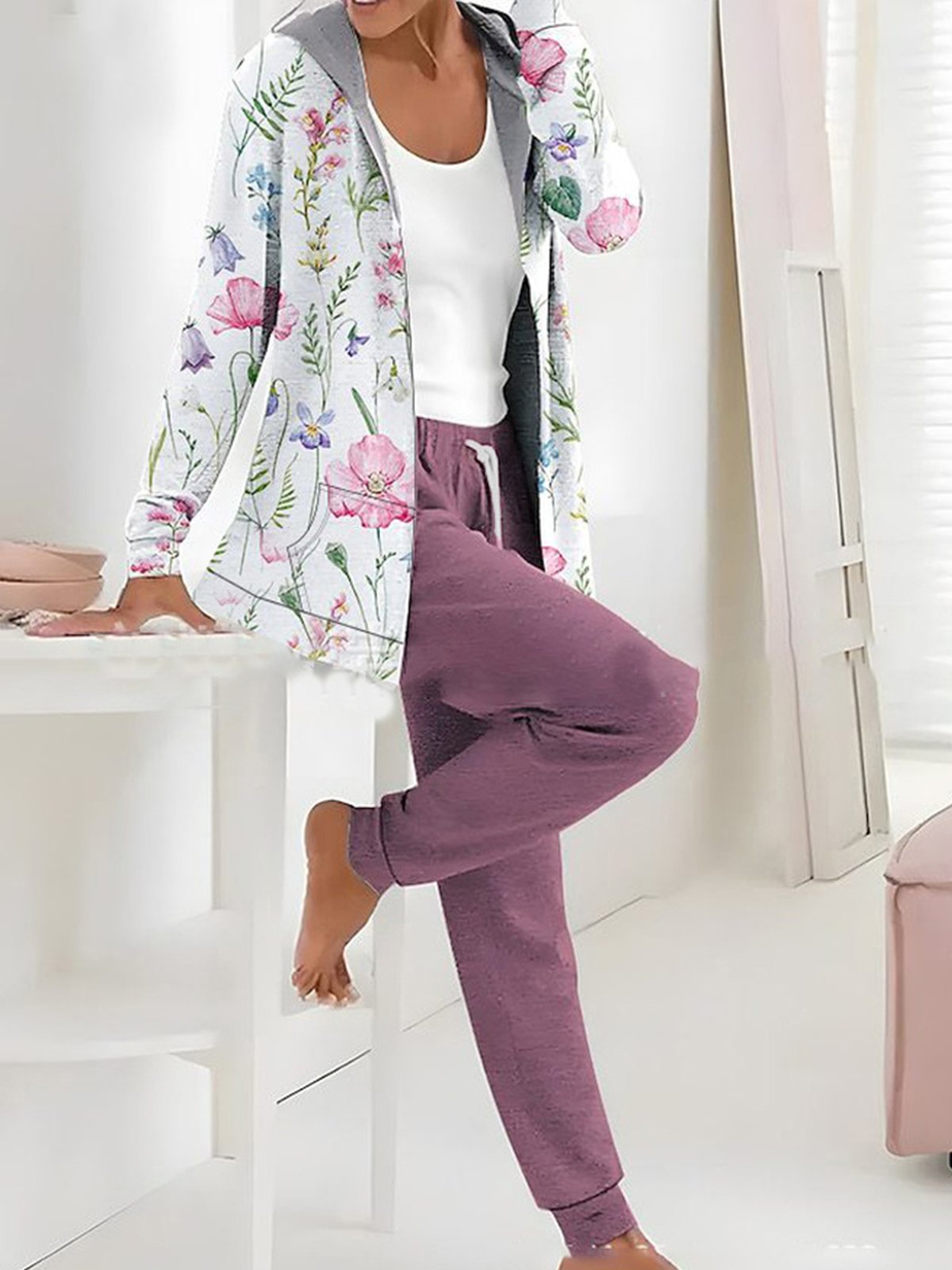 Damen Geometrisch Kapuze Langarm Bequem Lässig Bluse mit Hose Zweiteiliges Set