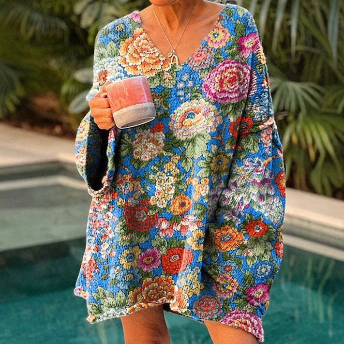 Lässig V-Ausschnitt Geblümt Sweatshirt Reißverschluss