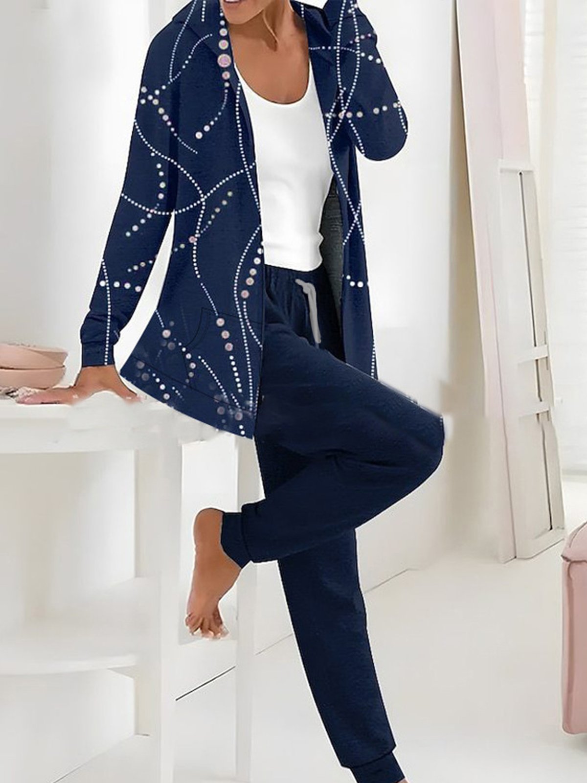 Damen Geometrisch Kapuze Langarm Bequem Lässig Bluse mit Hose Zweiteiliges Set