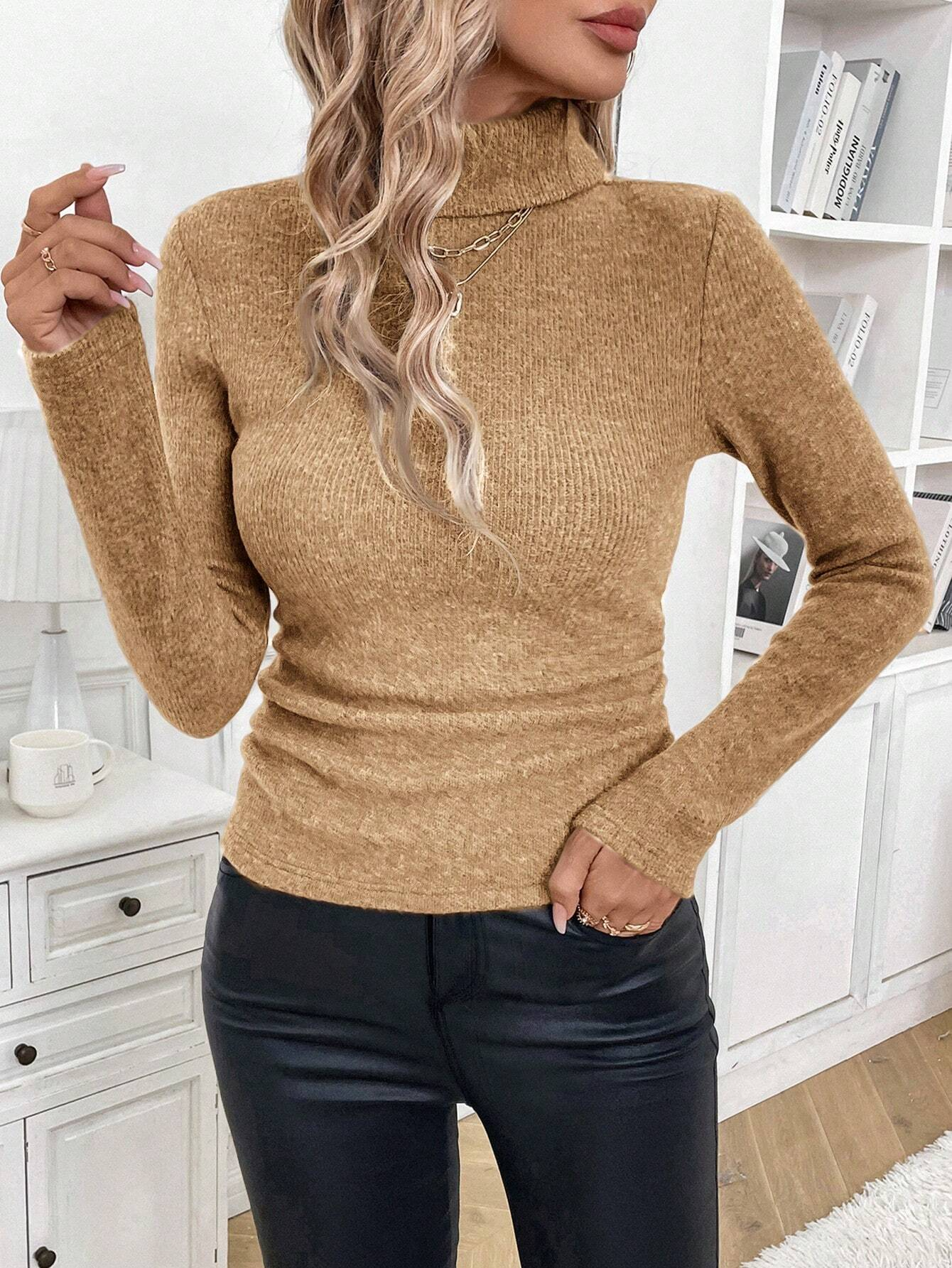 Damen Baumwolle Unifarben Langarm Bequem Lässig Pullover