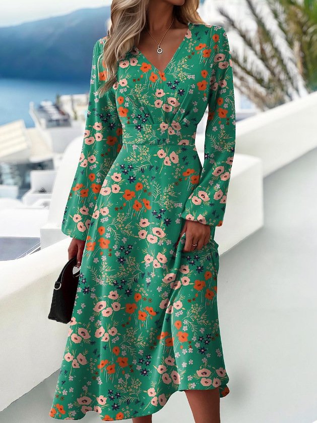 Damen 3d Drucken Ballon-Ärmel Frühling/Herbst Kleid V-Ausschnitt Langarm A-Linien-Kleid