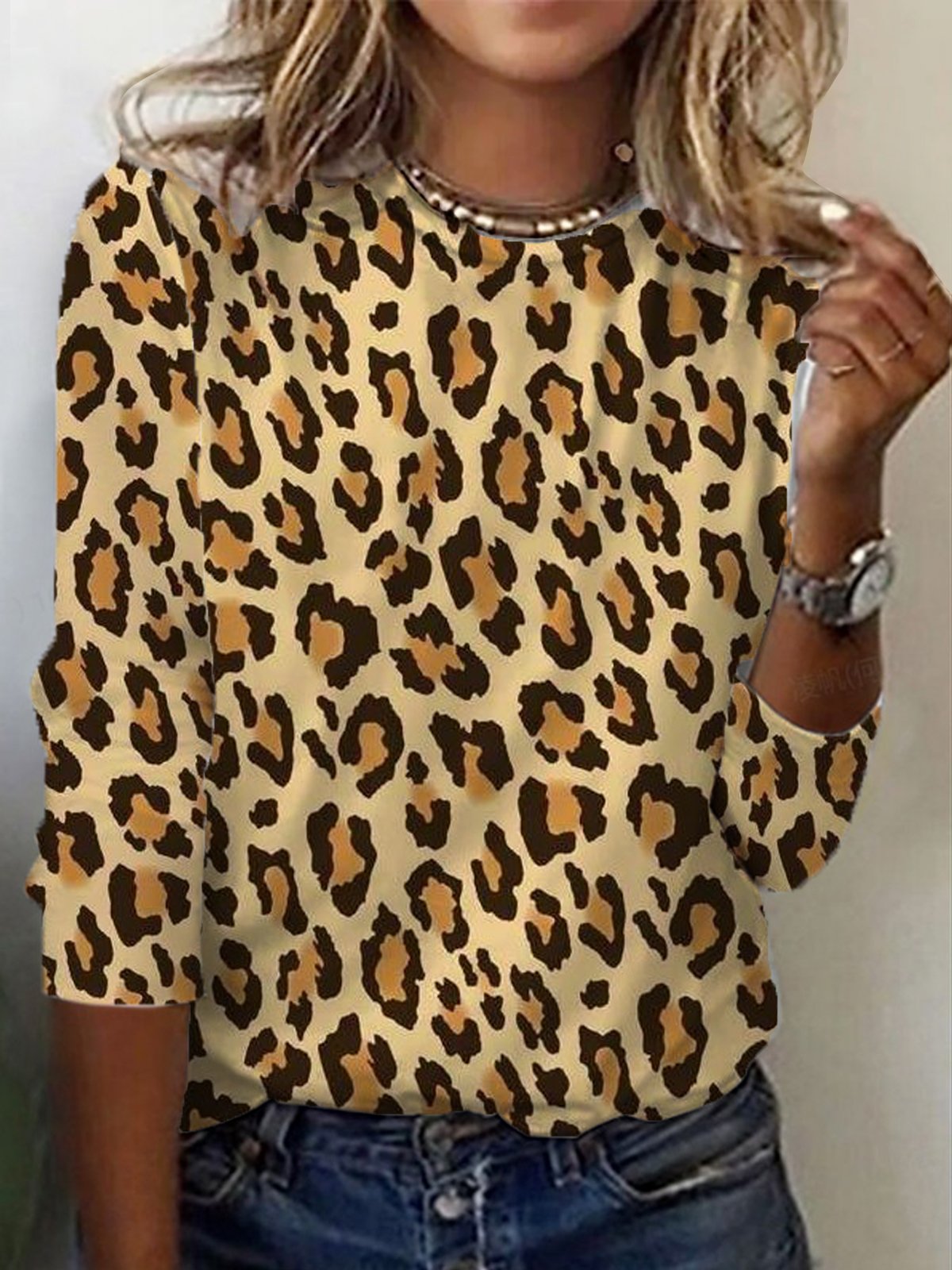 Lässig Leopard Rundhals Langarm T-Shirt