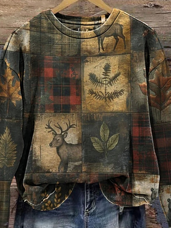 Retro Rundhals Kariert Sweatshirt