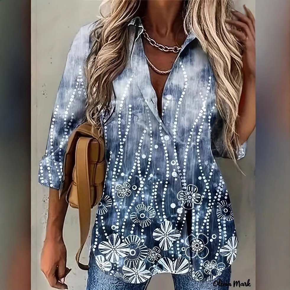 Hemdkragen Langarm Geblümt Regelmäßig Weit Bluse für Damen