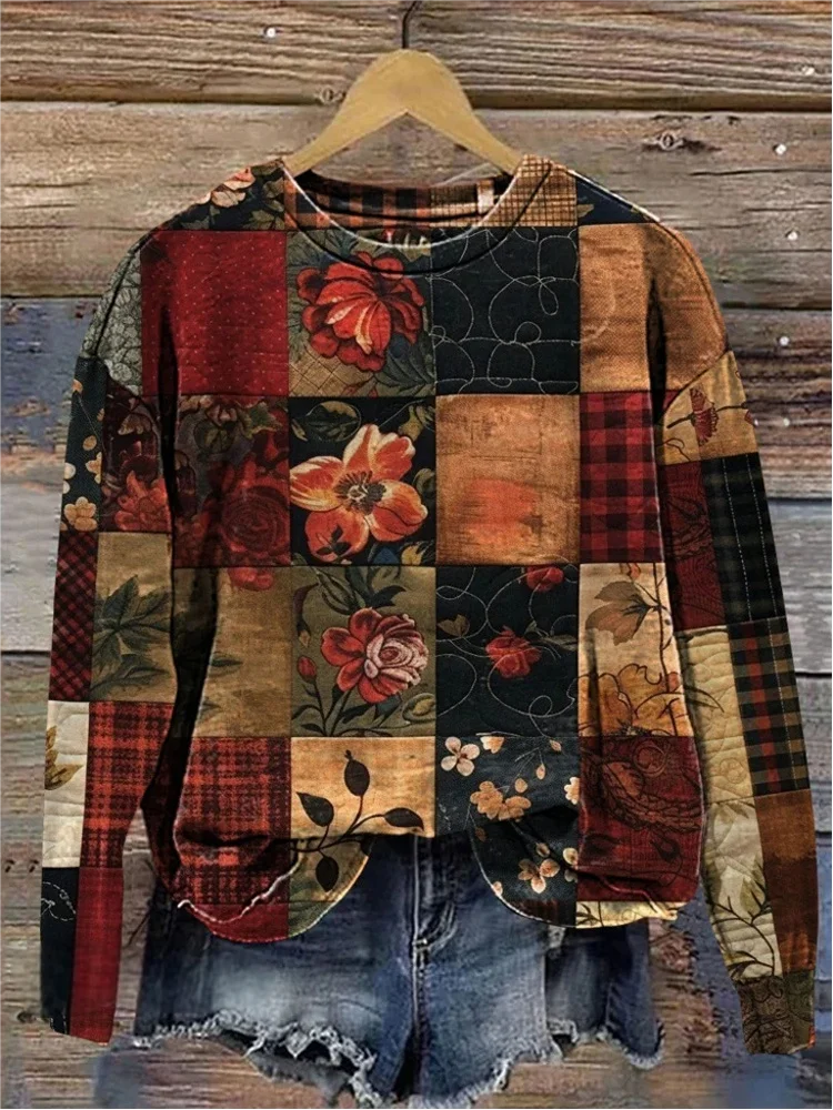 Retro Rundhals Kariert Sweatshirt