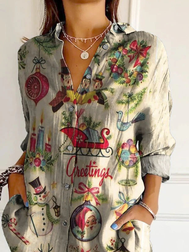 Hemdkragen Langarm Weihnachten Regelmäßig Weit Bluse für Damen