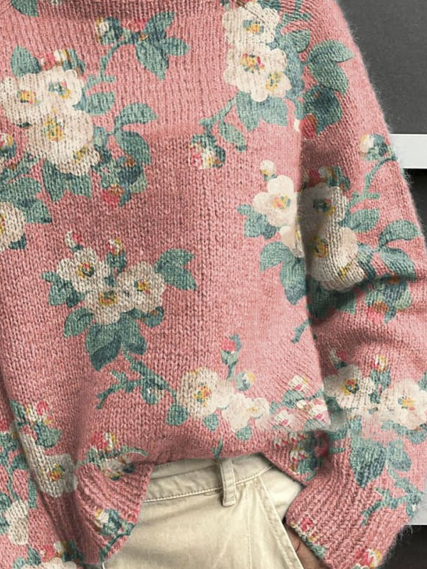 Lässig Rollkragen Geblümt Sweatshirt
