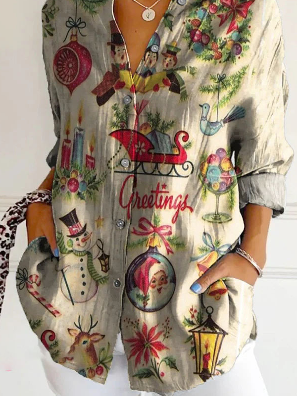 Hemdkragen Langarm Weihnachten Regelmäßig Weit Bluse für Damen