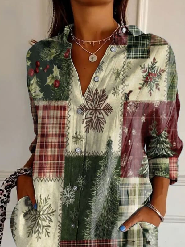 Hemdkragen Langarm Weihnachten Regelmäßig Weit Bluse für Damen