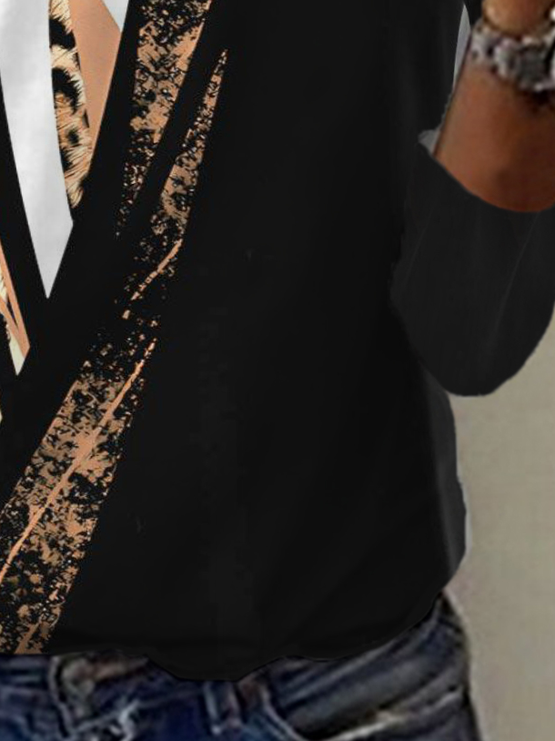 Lässig Leopard V-Ausschnitt Langarm T-Shirt