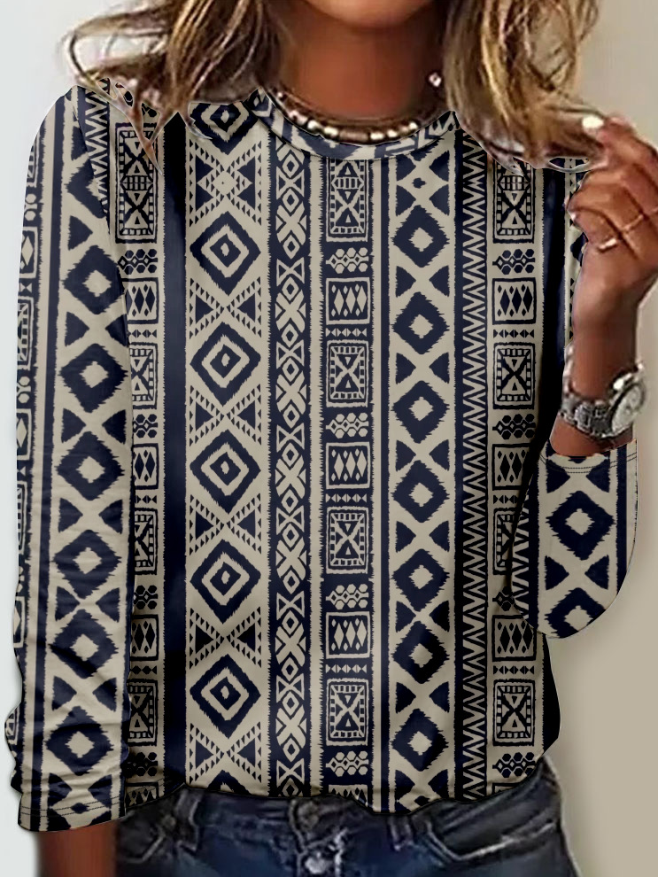 Lässig Ethnisch Rundhals Langarm T-Shirt