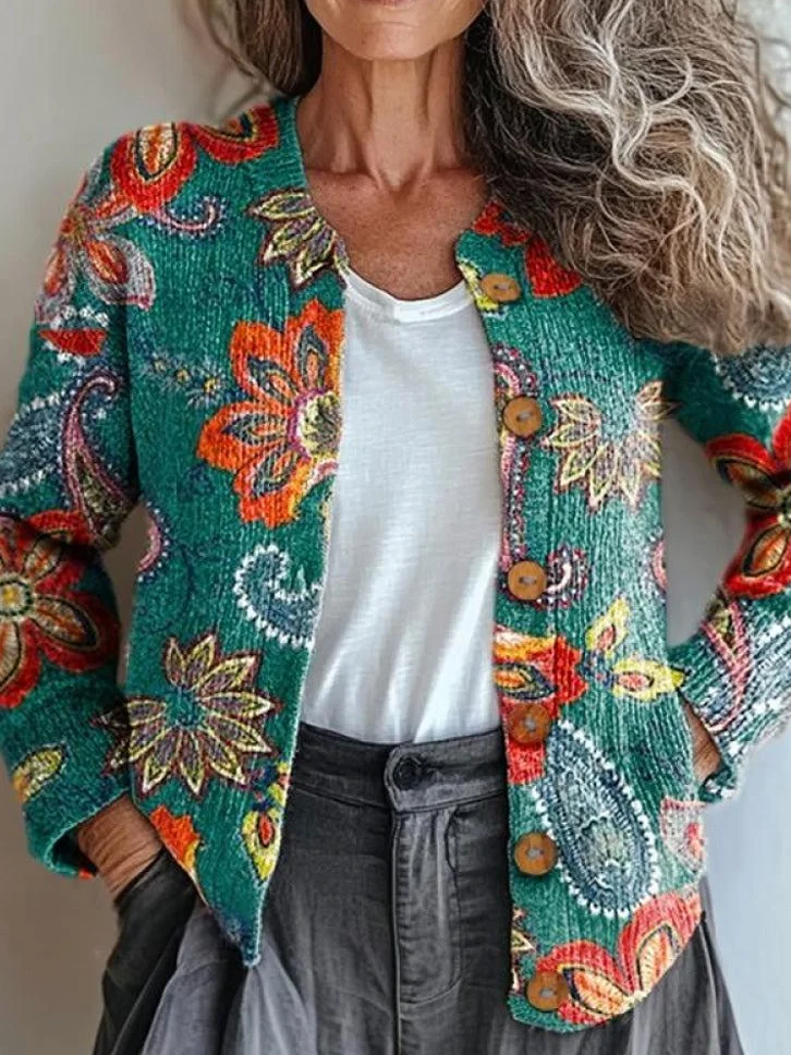 Damen Gestrickt Paisley Langarm Bequem Retro Strickjacke