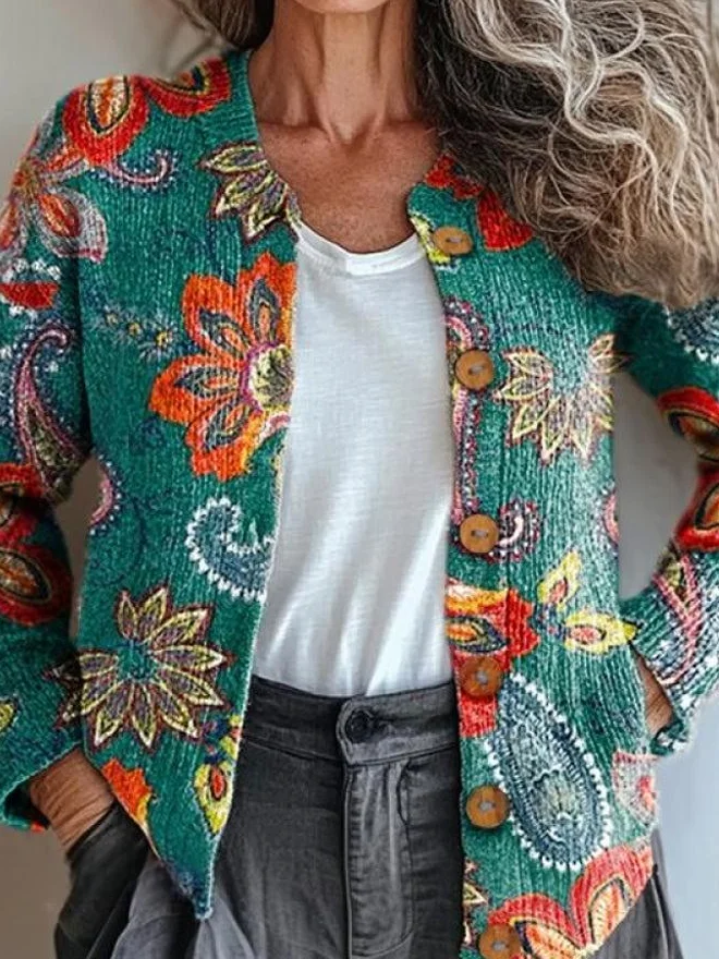 Damen Gestrickt Paisley Langarm Bequem Retro Strickjacke