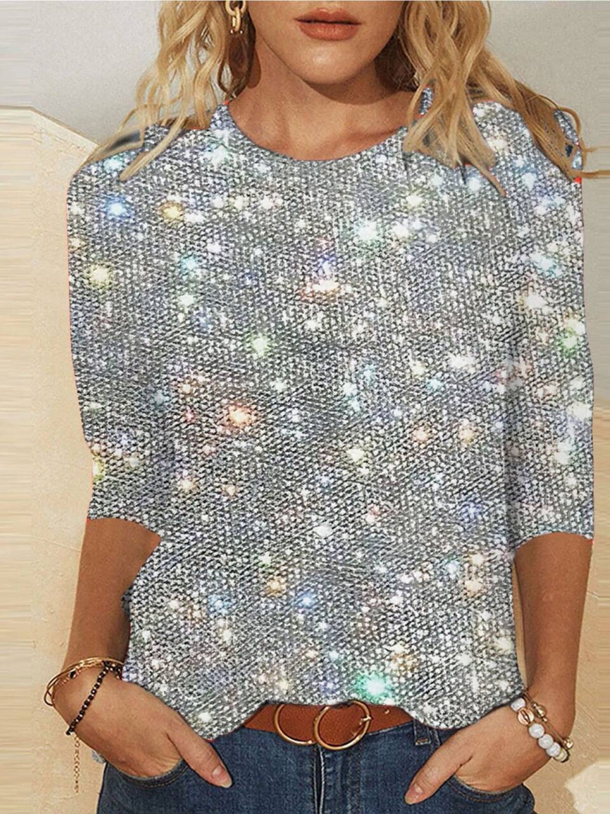 Lässig Geometrisch Rundhals Langarm T-Shirt
