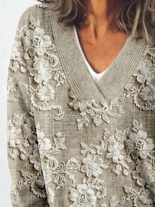 Lässig V-Ausschnitt Geblümt Sweatshirt