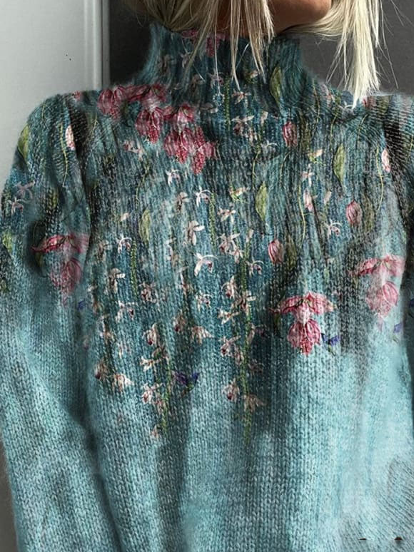 Lässig Rollkragen Geblümt Sweatshirt