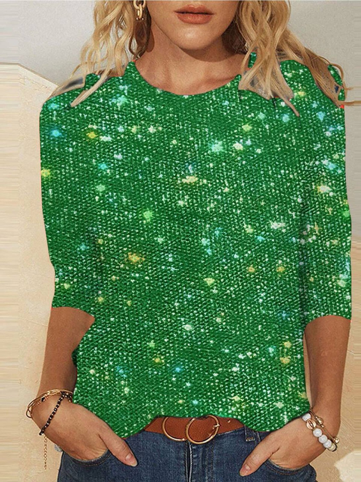 Lässig Geometrisch Rundhals Langarm T-Shirt