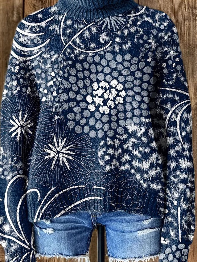 Lässig Rollkragen Geblümt Sweatshirt