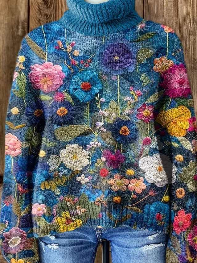 Lässig Rollkragen Geblümt Sweatshirt