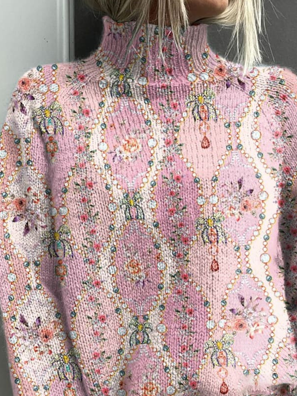 Lässig Rollkragen Geblümt Sweatshirt