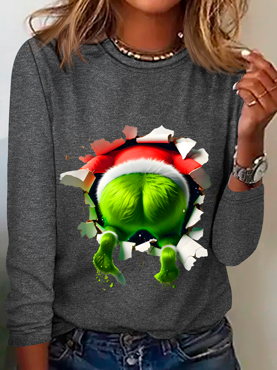 Rundhals Langarm Weihnachten Regelmäßig Mittlere Elastizität Weit Bluse für Damen