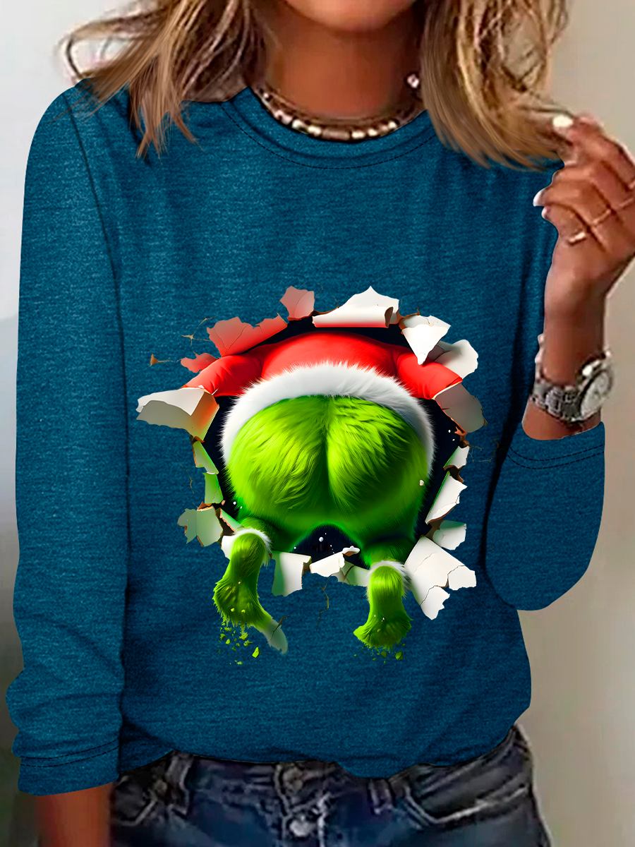 Rundhals Langarm Weihnachten Regelmäßig Mittlere Elastizität Weit Bluse für Damen