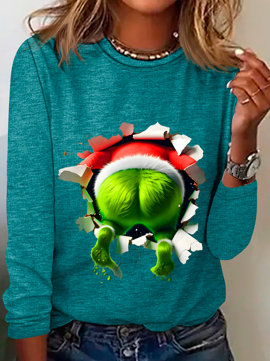 Rundhals Langarm Weihnachten Regelmäßig Mittlere Elastizität Weit Bluse für Damen