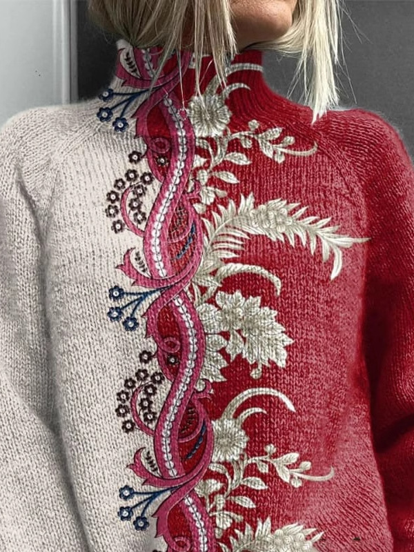 Lässig Rollkragen Geblümt Sweatshirt