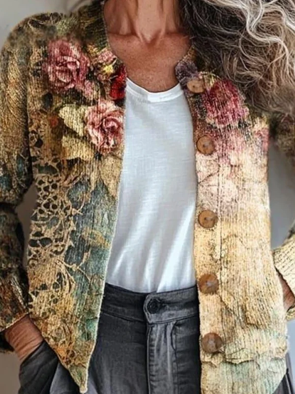 Damen Gestrickt Verlaufsmuster Langarm Bequem Retro Strickjacke